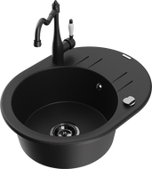 Mexen Kevin 1-Bowl Granite Sink with Drainer and Carla Kitchen Tap, Black - 6517-77-670700-70-B