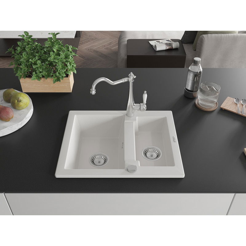 Mexen Carlos 1.5-bowl granite sink with Carla kitchen tap, white - 6518-20-670700-00