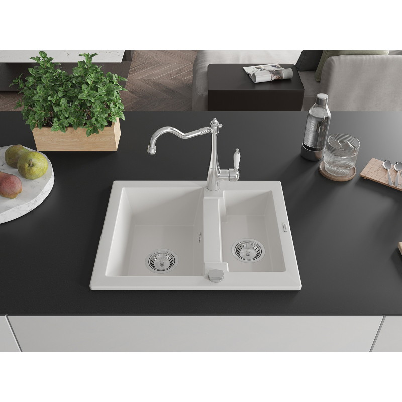 Mexen Carlos granite sink 1.5-bowl with Carla kitchen faucet, white - 6518-20-670700-00