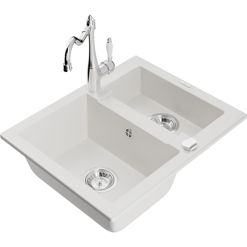 Mexen Carlos 1.5-bowl granite sink with Carla kitchen tap, white - 6518-20-670700-00
