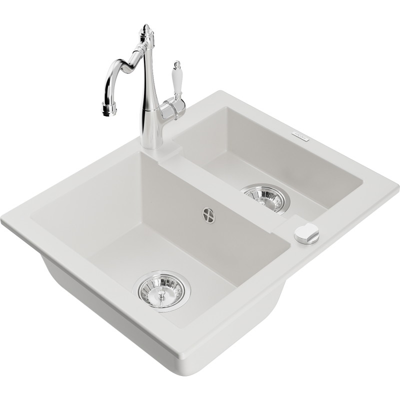 Mexen Carlos granit kitchen sink 1.5-bowl with Carla kitchen faucet, white - 6518-20-670700-00