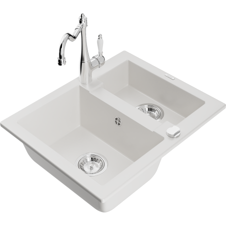Mexen Carlos 1.5-bowl granite sink with Carla kitchen tap, white - 6518-20-670700-00