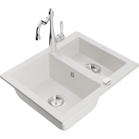 Mexen Carlos 1,5-compartment granite sink with a kitchen mixer tap Carla, White - 6518-20-670700-00