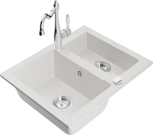 Mexen Carlos 1,5-compartment granite sink with a kitchen mixer tap Carla, White - 6518-20-670700-00