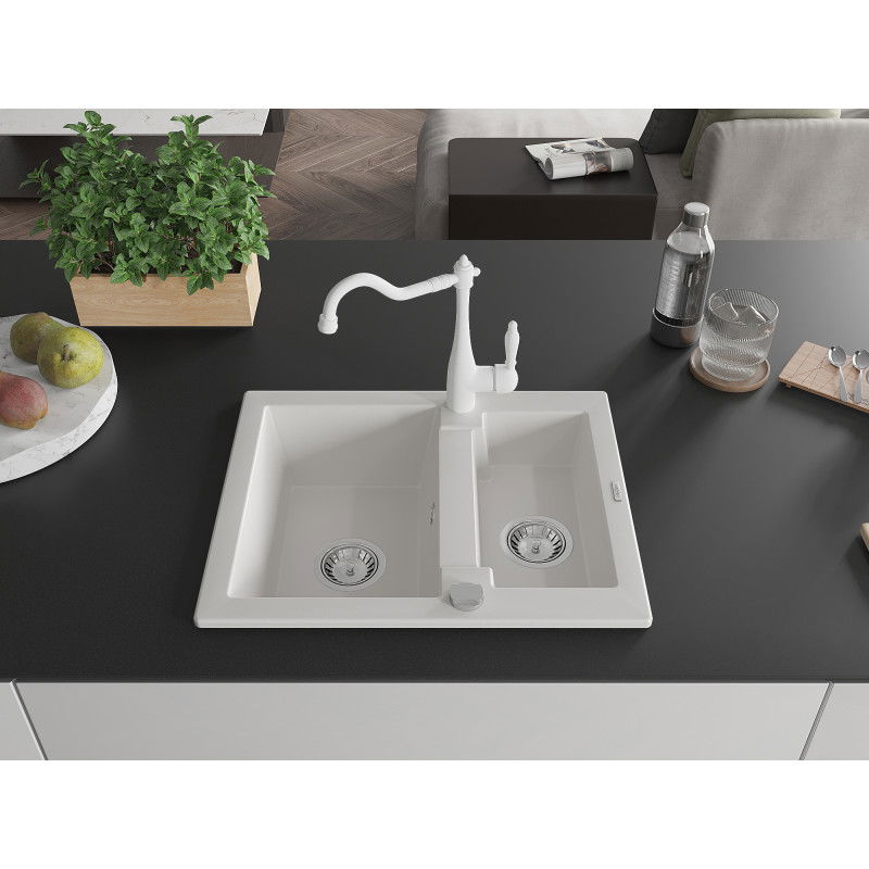 Mexen Carlos 1.5-bowl granite kitchen sink with Carla kitchen tap, white - 6518-20-670700-20