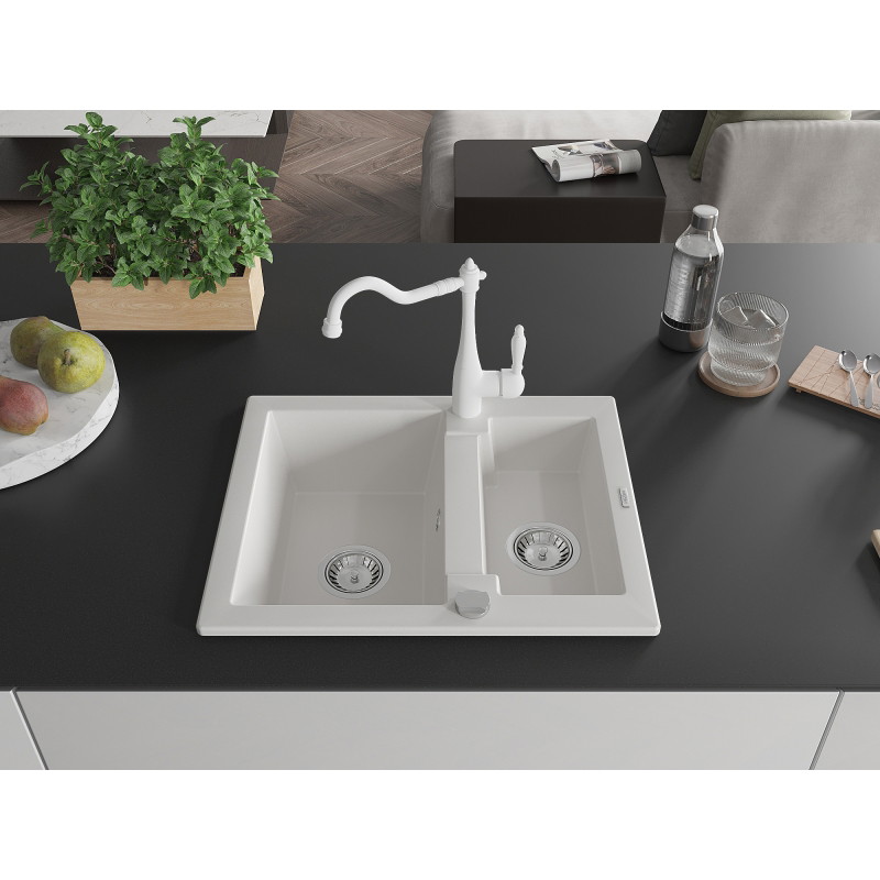 Mexen Carlos granite sink 1.5-bowl with kitchen faucet Carla, white - 6518-20-670700-20