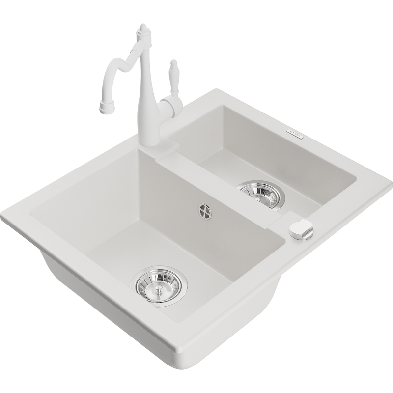 Mexen Carlos 1.5-bowl granite kitchen sink with Carla kitchen tap, white - 6518-20-670700-20