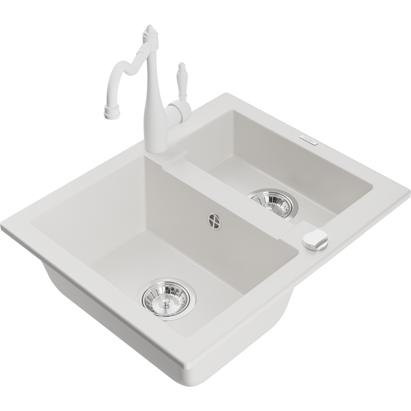 Mexen Carlos 1,5-compartment granite sink with a kitchen mixer tap Carla, White - 6518-20-670700-20
