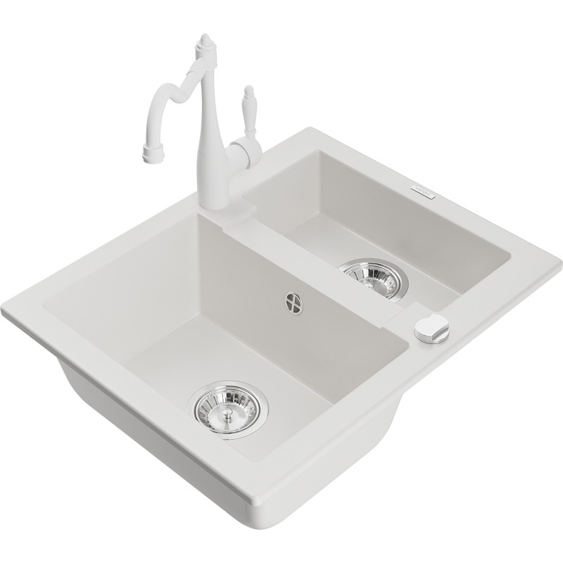 Mexen Carlos granite sink 1.5-bowl with kitchen faucet Carla, white - 6518-20-670700-20