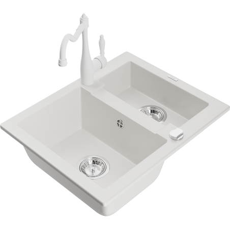 Mexen Carlos 1,5-compartment granite sink with a kitchen mixer tap Carla, White - 6518-20-670700-20