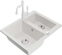 Mexen Carlos granite sink 1.5-bowl with kitchen faucet Carla, white - 6518-20-670700-20