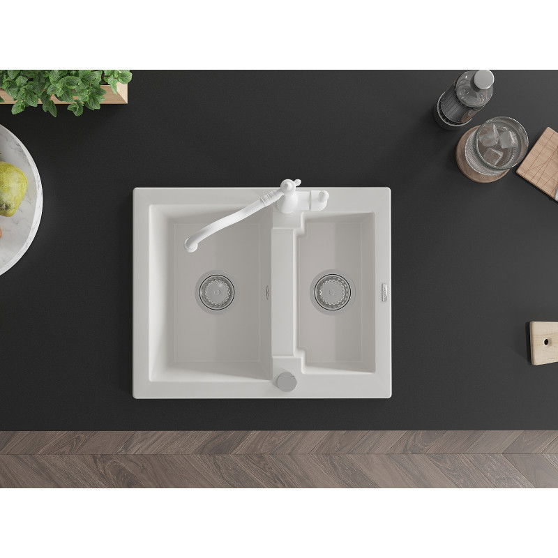 Mexen Carlos 1.5-bowl granite kitchen sink with Carla kitchen tap, white - 6518-20-670700-20