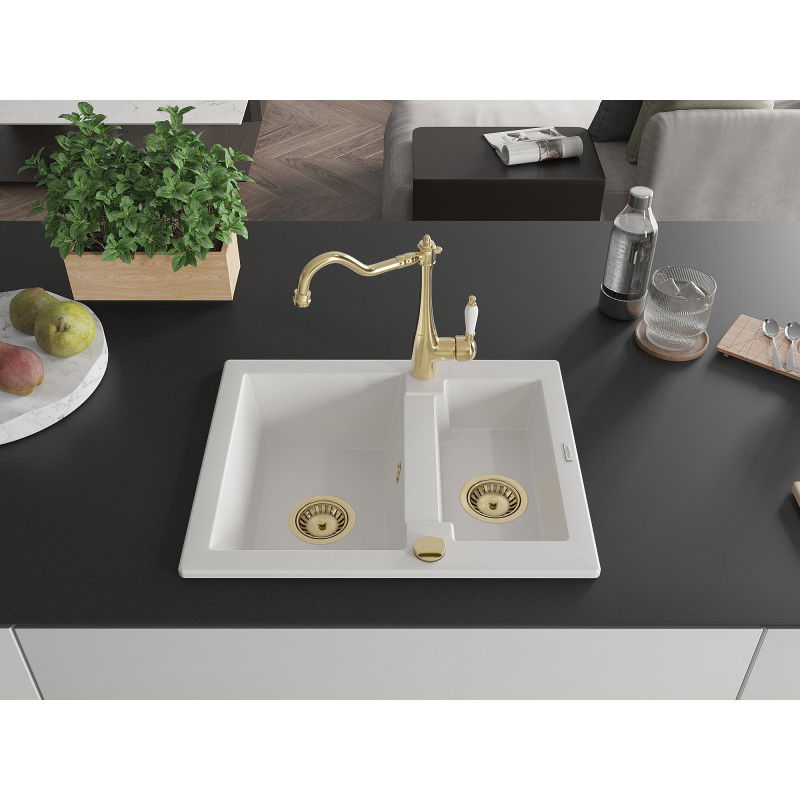 Mexen Carlos 1.5-bowl granite sink with Carla kitchen tap, white - 6518-20-670700-50