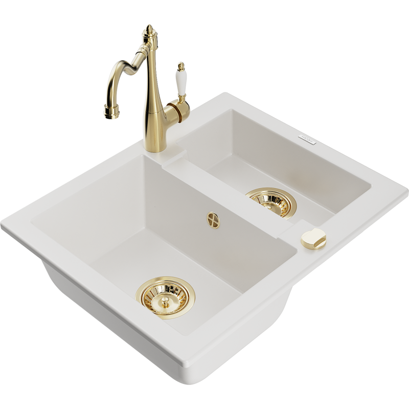 Mexen Carlos 1.5-bowl granite sink with Carla kitchen tap, white - 6518-20-670700-50