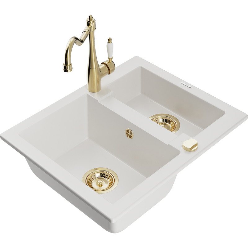Mexen Carlos granite kitchen sink 1.5-bowl with Carla kitchen faucet, white - 6518-20-670700-50