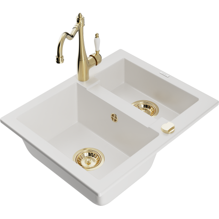 Mexen Carlos 1.5-bowl granite sink with Carla kitchen tap, white - 6518-20-670700-50