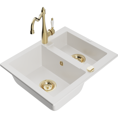 Mexen Carlos 1,5-compartment granite sink with a kitchen mixer tap Carla, White - 6518-20-670700-50