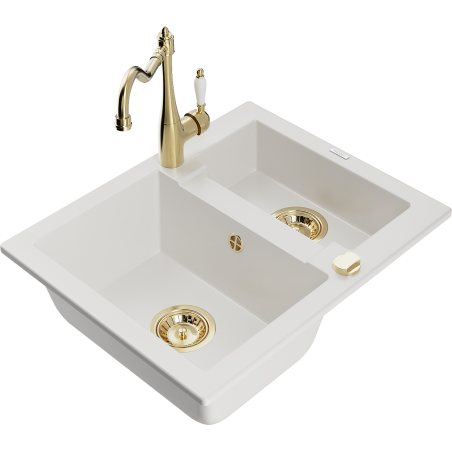 Mexen Carlos granite kitchen sink 1.5-bowl with Carla kitchen faucet, white - 6518-20-670700-50