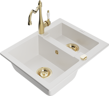 Mexen Carlos 1,5-compartment granite sink with a kitchen mixer tap Carla, White - 6518-20-670700-50
