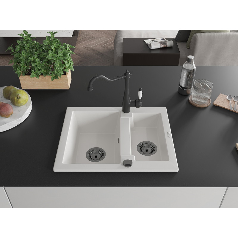 Mexen Carlos granite sink 1.5-bowl with kitchen faucet Carla, white - 6518-20-670700-70