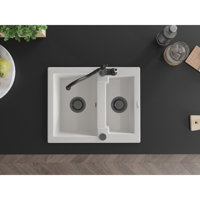 Mexen Carlos 1.5-bowl granite sink with kitchen faucet Carla, white - 6518-20-670700-70