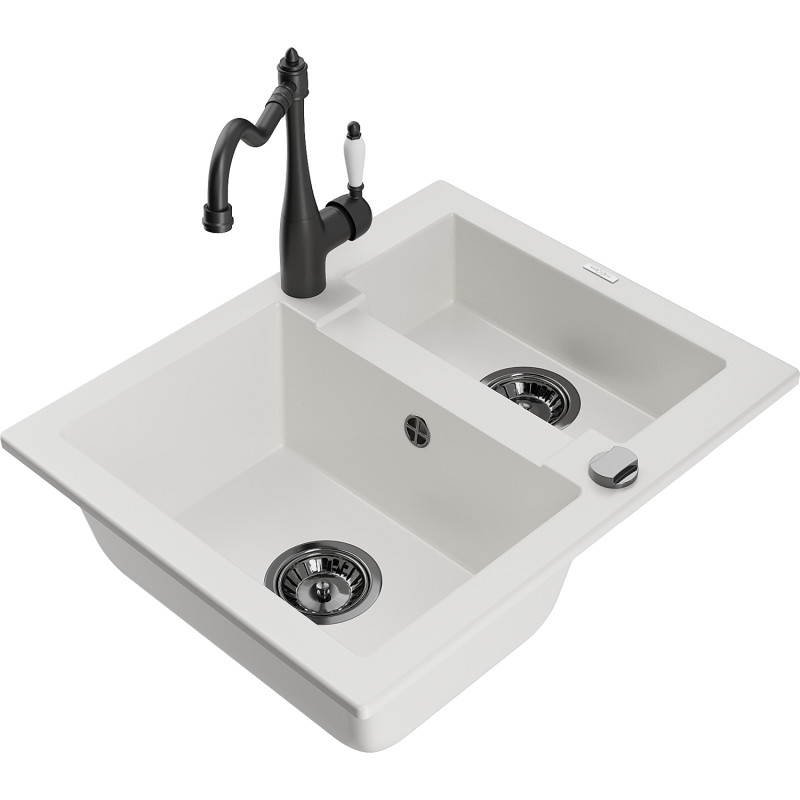 Mexen Carlos granite sink 1.5-bowl with kitchen faucet Carla, white - 6518-20-670700-70