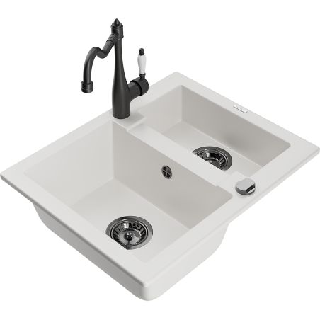 Mexen Carlos granite sink 1.5-bowl with kitchen faucet Carla, white - 6518-20-670700-70