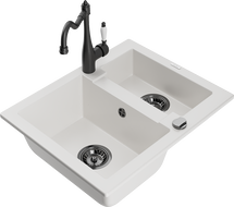 Mexen Carlos granite kitchen sink 1.5-bowl with Carla kitchen tap, white - 6518-20-670700-70