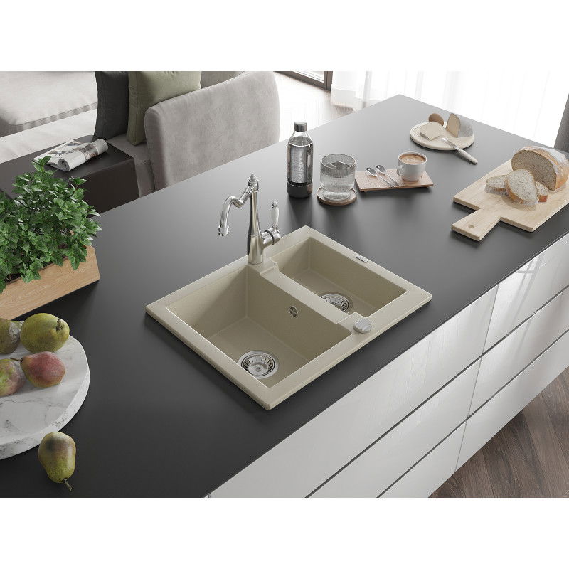 Mexen Carlos granite sink 1.5-bowl with Carla kitchen tap, beige - 6518-69-670700-00