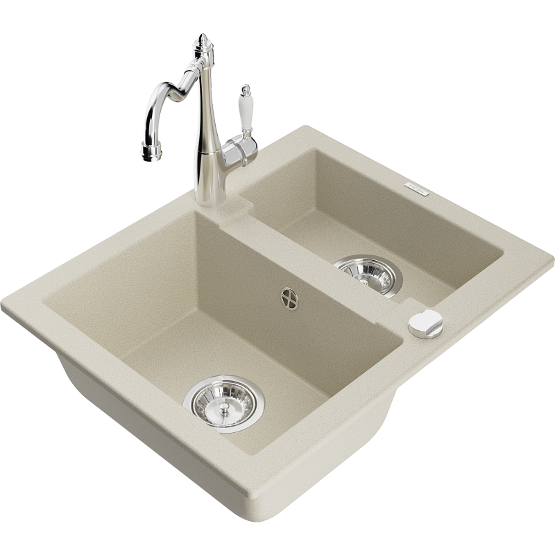 Mexen Carlos 1,5-compartment granite sink with a kitchen mixer tap Carla, Beige - 6518-69-670700-00