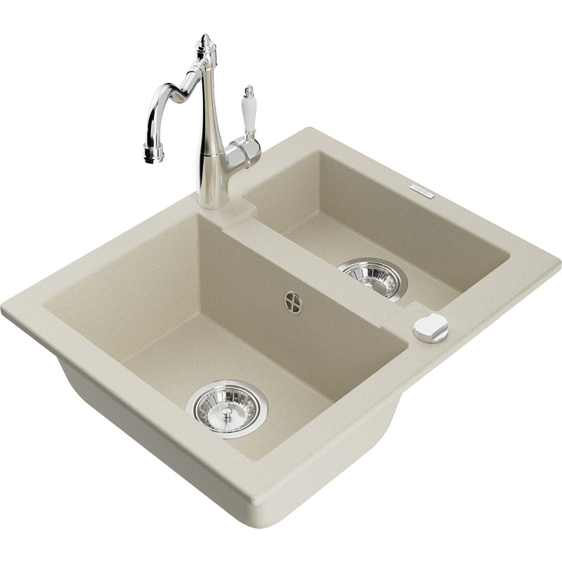 Mexen Carlos Carla 1.5-bowl granite sink with kitchen faucet, beige - 6518-69-670700-00