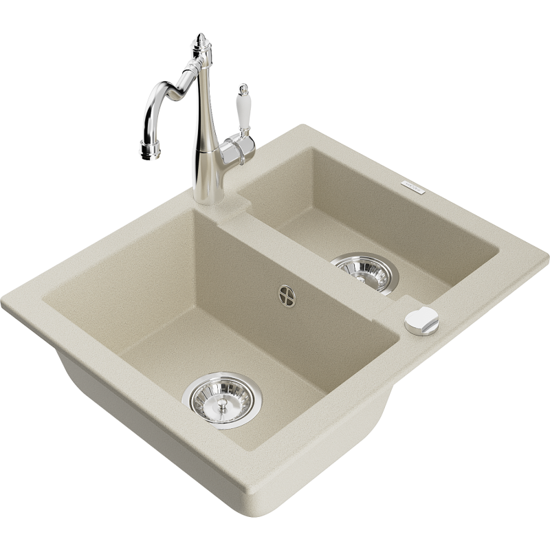 Mexen Carlos granite sink 1.5-bowl with Carla kitchen tap, beige - 6518-69-670700-00