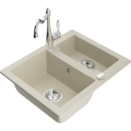 Mexen Carlos granite sink 1.5-bowl with Carla kitchen tap, beige - 6518-69-670700-00