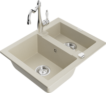 Mexen Carlos granite sink 1.5-bowl with Carla kitchen tap, beige - 6518-69-670700-00
