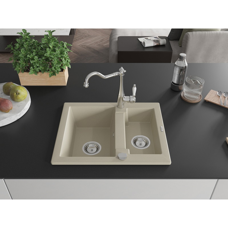 Mexen Carlos granite sink 1.5-bowl with kitchen faucet Carla, beige - 6518-69-670700-00