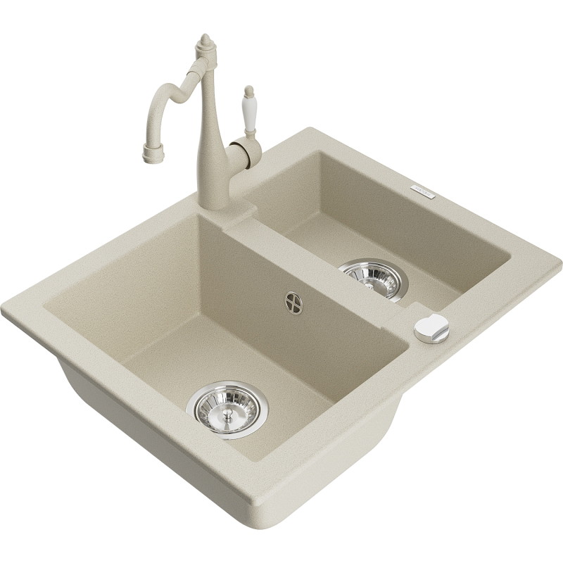 Mexen Carlos 1.5-bowl granite sink with Carla kitchen faucet, beige - 6518-69-670700-69