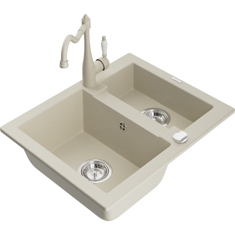 Mexen Carlos 1,5-compartment granite sink with a kitchen mixer tap Carla, Beige - 6518-69-670700-69