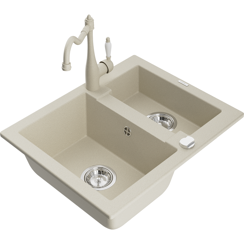 Mexen Carlos granite kitchen sink 1.5-bowl with Carla kitchen tap, beige - 6518-69-670700-69