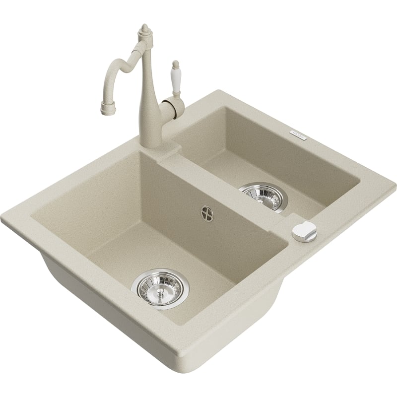 Mexen Carlos granite sink 1.5-bowl with Carla kitchen faucet, beige - 6518-69-670700-69