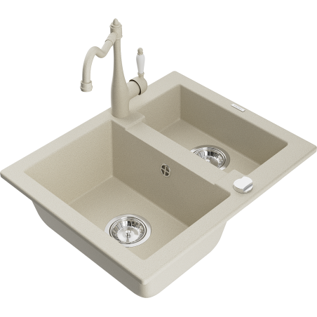 Mexen Carlos granite kitchen sink 1.5-bowl with Carla kitchen tap, beige - 6518-69-670700-69