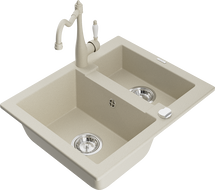 Mexen Carlos granite sink 1.5-bowl with Carla kitchen faucet, beige - 6518-69-670700-69