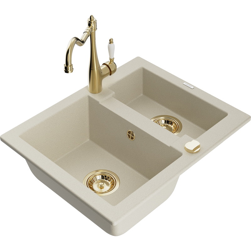 Mexen Carlos 1.5-bowl granite sink with Carla kitchen faucet, beige - 6518-69-670700-50