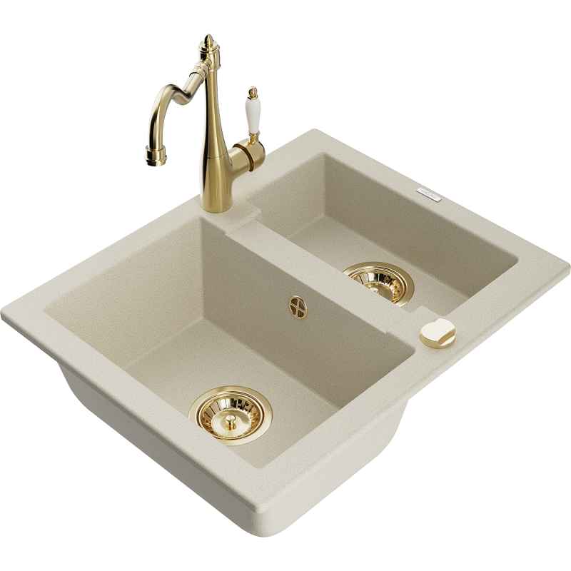 Mexen Carlos 1,5-compartment granite sink with a kitchen mixer tap Carla, Beige - 6518-69-670700-50