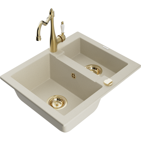 Mexen Carlos 1.5-bowl granite sink with Carla kitchen faucet, beige - 6518-69-670700-50