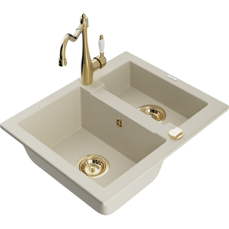 Mexen Carlos granite sink 1.5-bowl with Carla kitchen tap, beige - 6518-69-670700-50