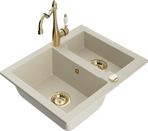 Mexen Carlos granite sink 1.5-bowl with Carla kitchen tap, beige - 6518-69-670700-50