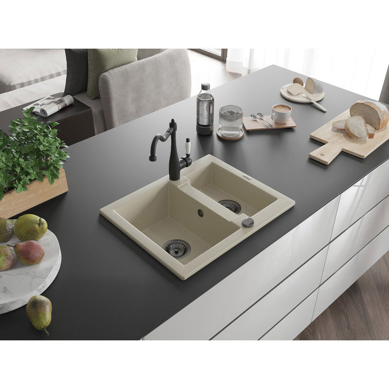 Mexen Carlos granite sink 1.5-bowl with Carla kitchen tap, beige - 6518-69-670700-70