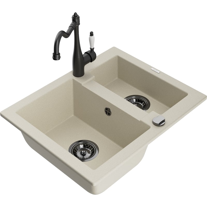 Mexen Carlos 1.5-bowl granite sink with Carla kitchen faucet, beige - 6518-69-670700-70