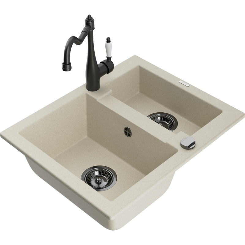 Mexen Carlos granite sink 1.5-bowl with Carla kitchen tap, beige - 6518-69-670700-70