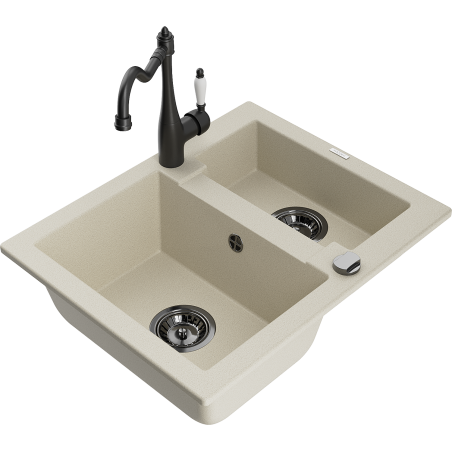 Mexen Carlos granite sink 1.5-bowl with Carla kitchen tap, beige - 6518-69-670700-70